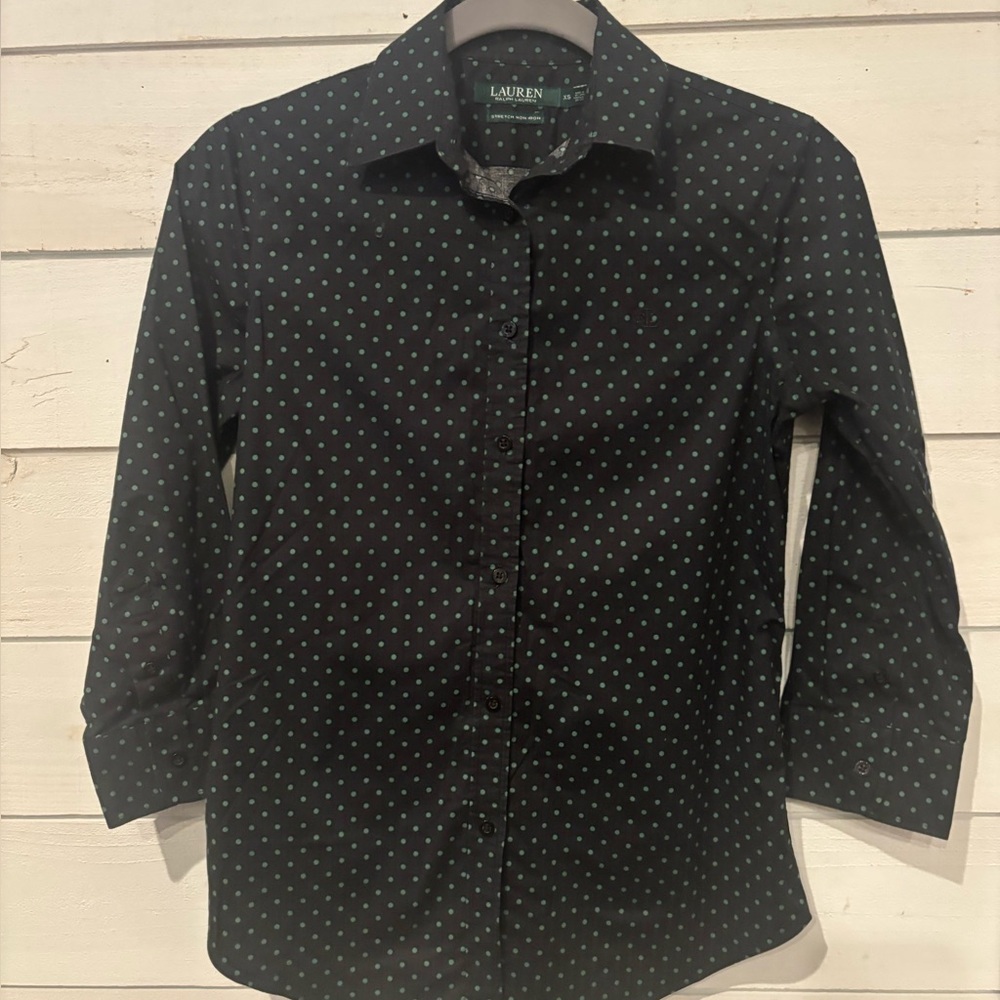 Lauren Ralph Lauren Navy and Green Polka Dot Stretch Non iron  Button Down Shirt